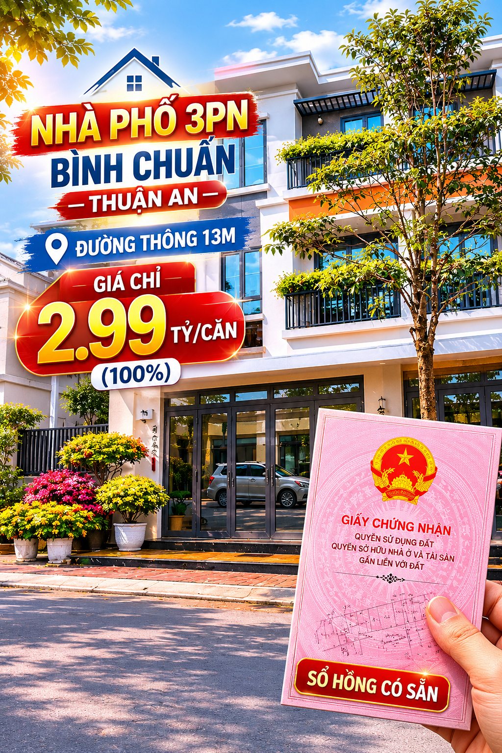 Nhà Phố 3PN Bình Chuẩn Thuận An – Đường Thông 13m Giá Chỉ 2.99 Tỷ/Căn (100%)