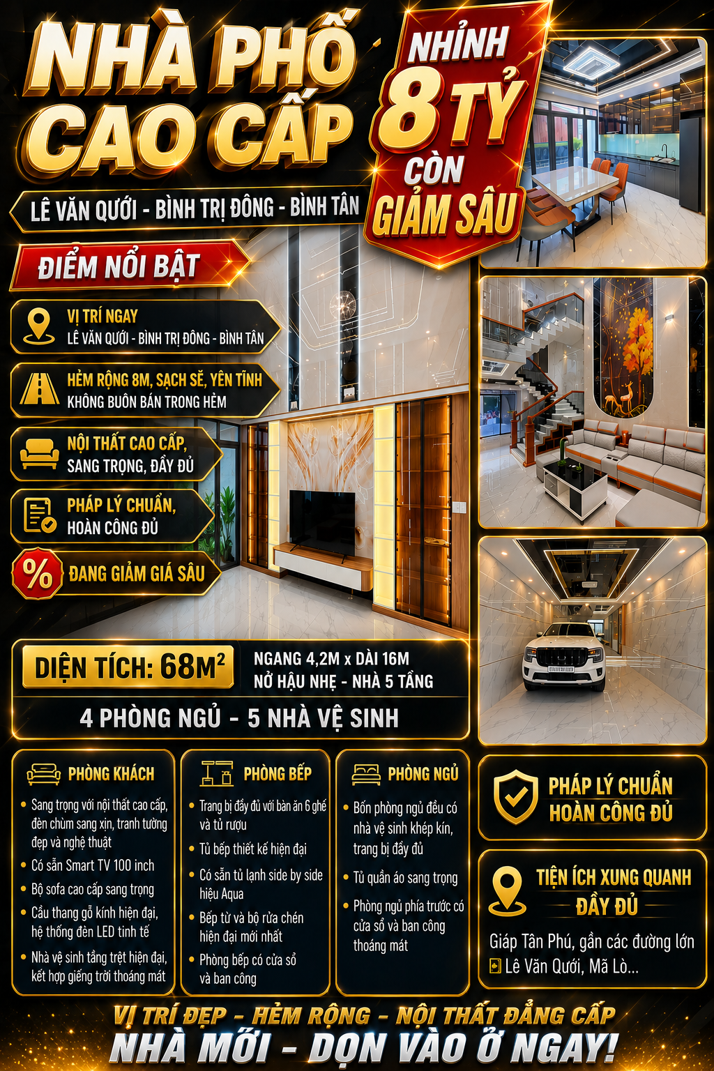 Nhà mới 56m2 -  5 tầng - Hẻm xe hơi 8m - Full nội thất - Lê Văn Quới - Nhỉnh 8 tỷ