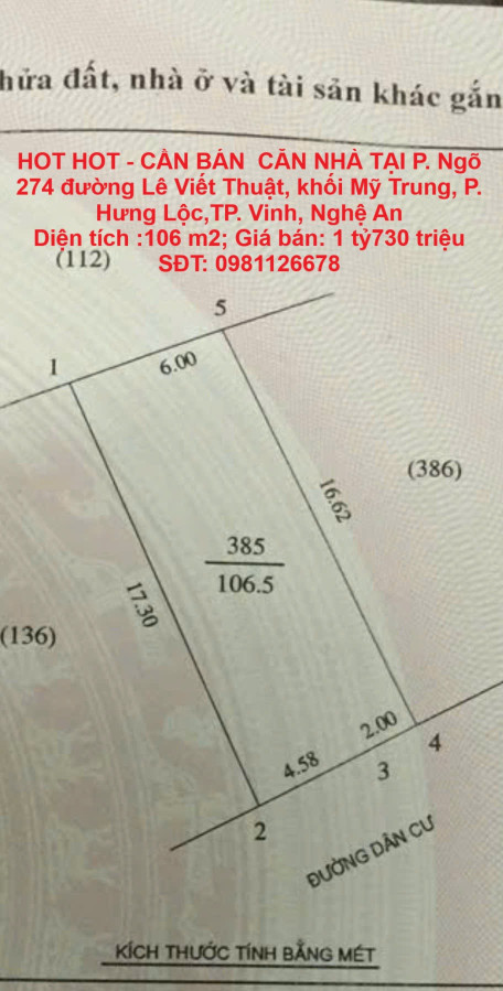 HOT HOT - CẦN BÁN  CĂN NHÀ TẠI P. Hưng Lộc,TP. Vinh, Nghệ An