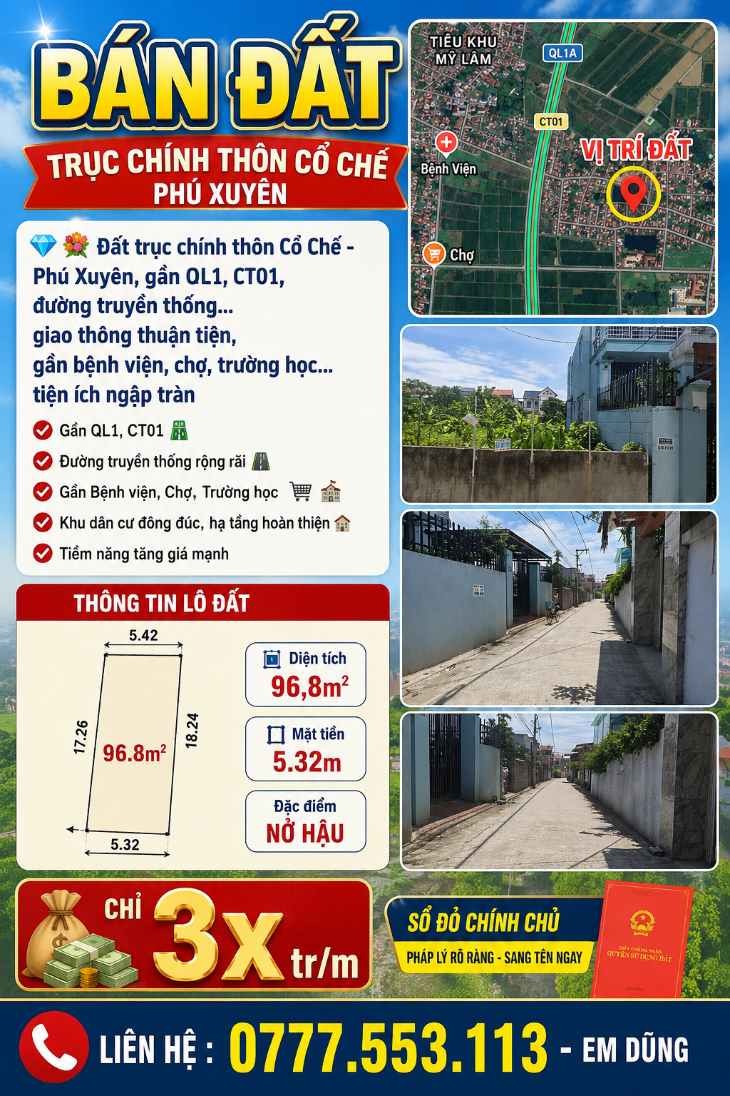 ĐẤT TRỤC CHÍNH THÔN CỔ CHẾ - PHÚ XUYÊN GẦN QL1A GT THUẬN TIỆN, FULL TIỆN ÍCH, GIÁ MỀM