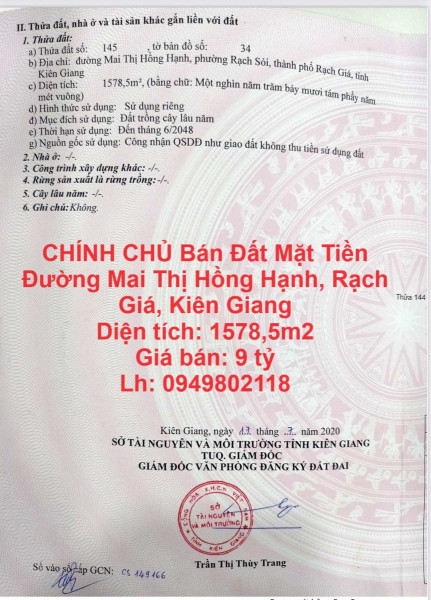 CHÍNH CHỦ Bán Đất Mặt Tiền Đường Mai Thị Hồng Hạnh, Rạch Giá, Kiên Giang