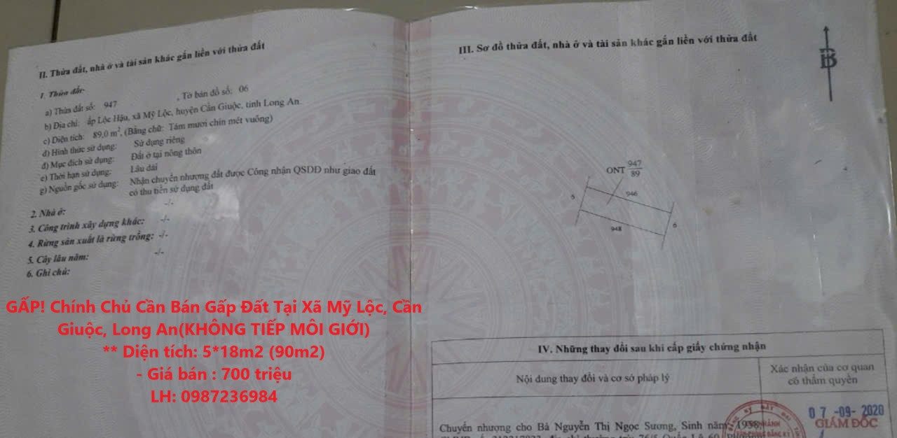 GẤP! Chính Chủ Cần Bán Gấp Đất Tại Xã Mỹ Lộc, Cần Giuộc, Long An(KHÔNG TIẾP MÔI GIỚI)