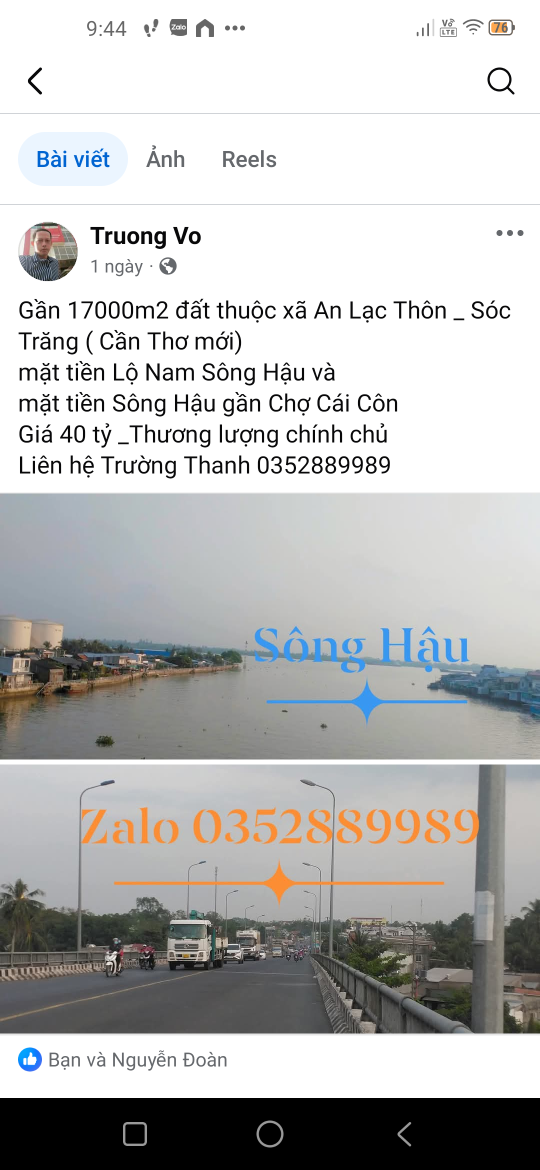 Đất 2 mặt tiền lộ Nam Sông Hậu và Sông Hậu ( gần chợ Cái Côn)