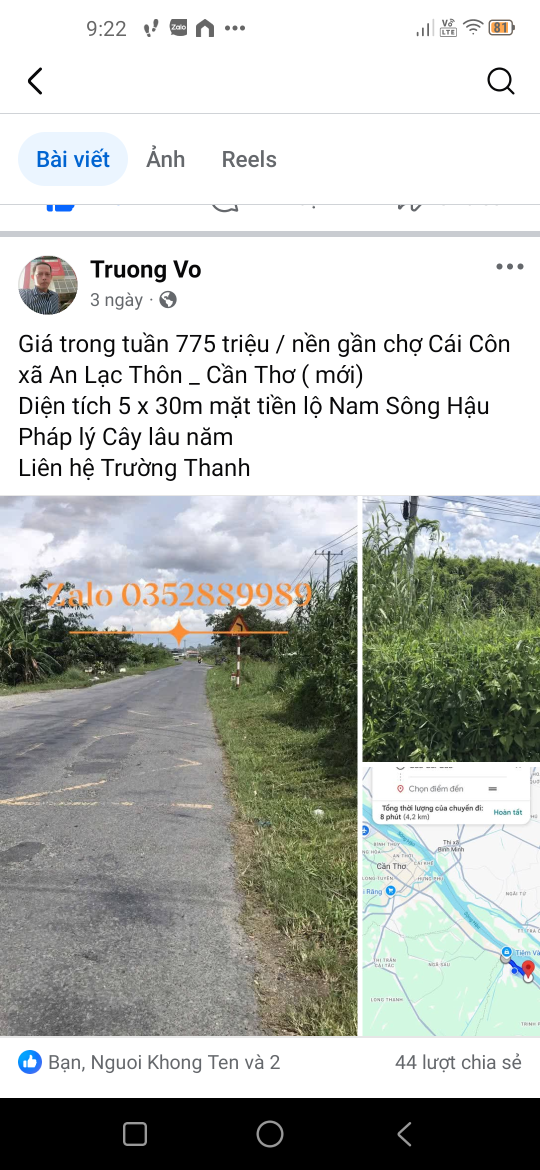 Nền mặt tiền lộ Nam Sông Hậu gần chợ Cái Côn
