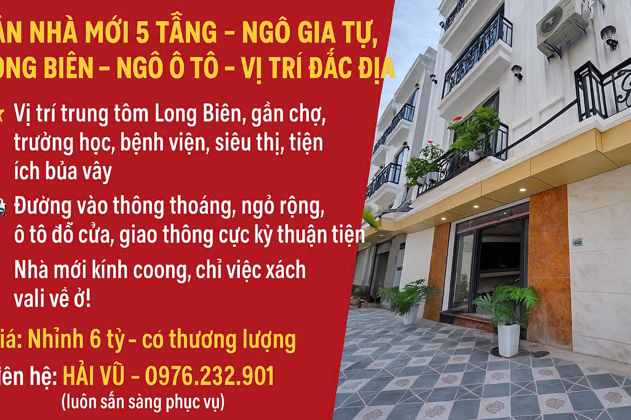 BÁN NHÀ MỚI 5 TẦNG - 48M2 – NGÔ GIA TỰ, LONG BIÊN – NGÕ Ô TÔ – VỊ TRÍ ĐẮC ĐỊA