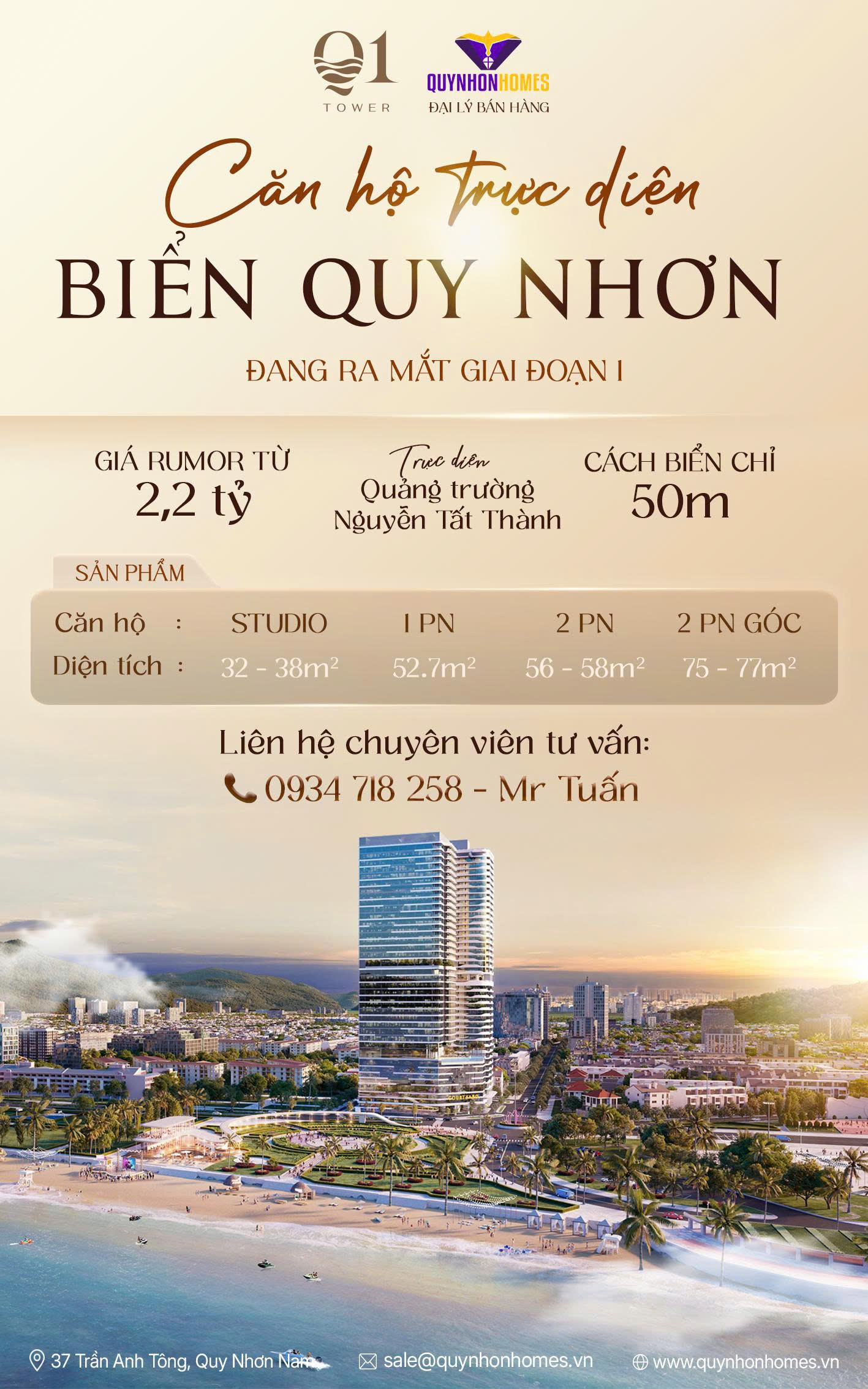 Q1 TOWER – CĂN HỘ BIỂN TRỰC DIỆN BIỂN VÀ QUẢNG TRƯỜNG QUY NHƠN GIÁ CHỈ TỪ 2.2 TỶ