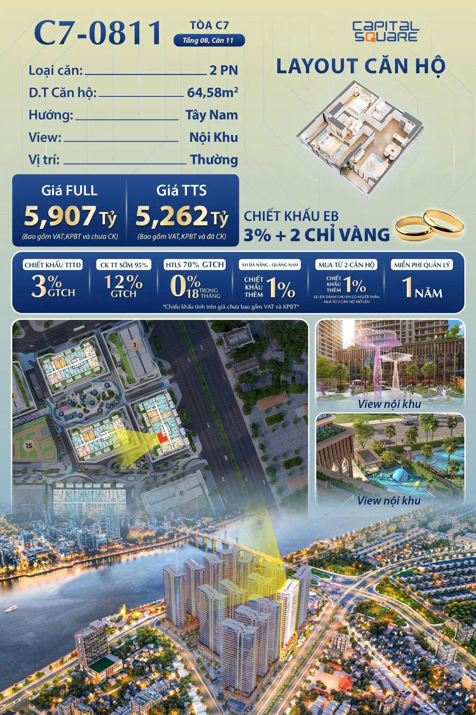 Căn hộ 2PN ven sông Hàn cạnh Vincom Đà Nẵng giá ưu đãi chủ đầu tư