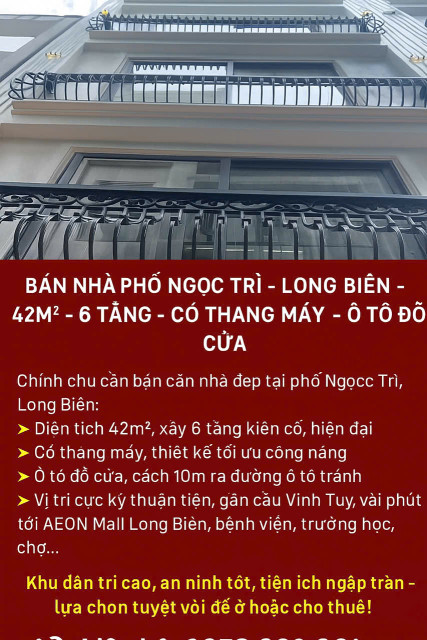 BÁN NHÀ PHỐ NGỌC TRÌ - LONG BIÊN – 42M² – 6 TẦNG – CÓ THANG MÁY – Ô TÔ ĐỖ CỬA
