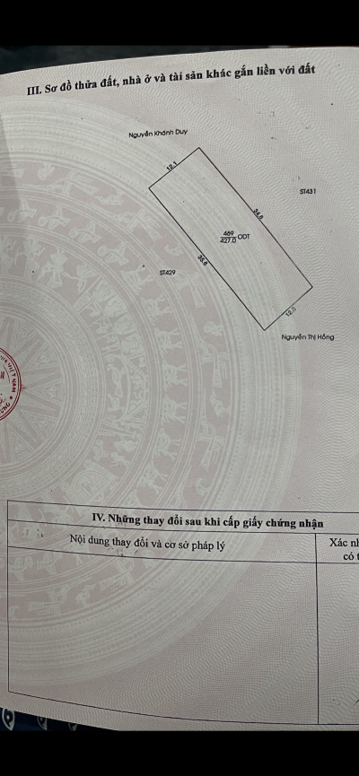 Chính chủ bán đất 427m2 full thổ cư p.Hiệp Thành, tp.TDM Bình Dương