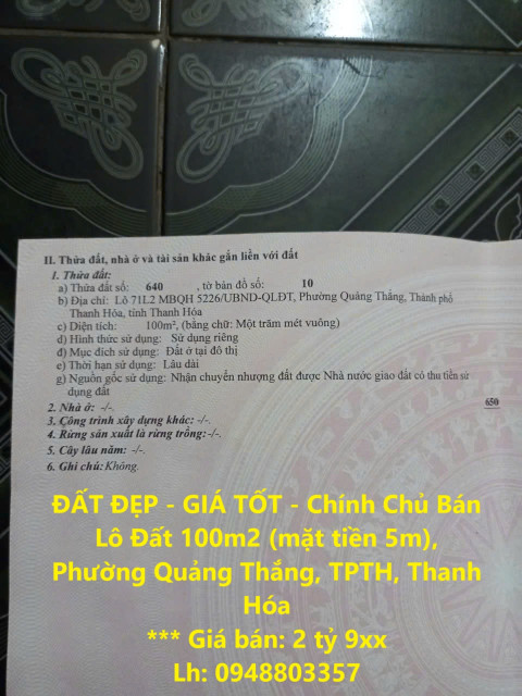 ĐẤT ĐẸP - GIÁ TỐT - Chính Chủ Bán Lô Đất 100m2 (mặt tiền 5m), Phường Quảng Thắng, TPTH, Thanh Hóa