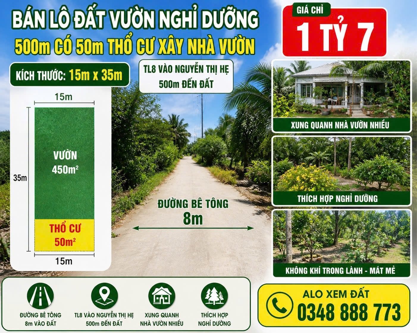 Đất Vườn 500m2 50m2 thổ xây nhà vườn hoac kinh doanh dòng tiền