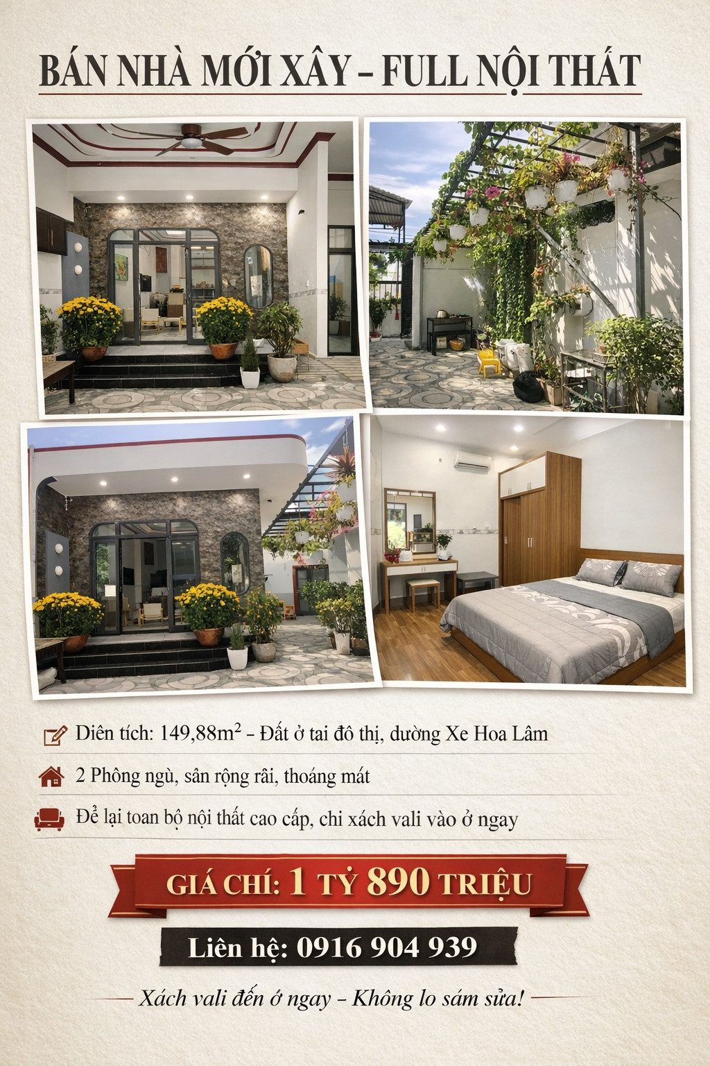 BÁN NHÀ MỚI XÂY – FULL NỘI THẤT  - 149.8m² - VĂN HẢI - GIÁ 1TỶ890