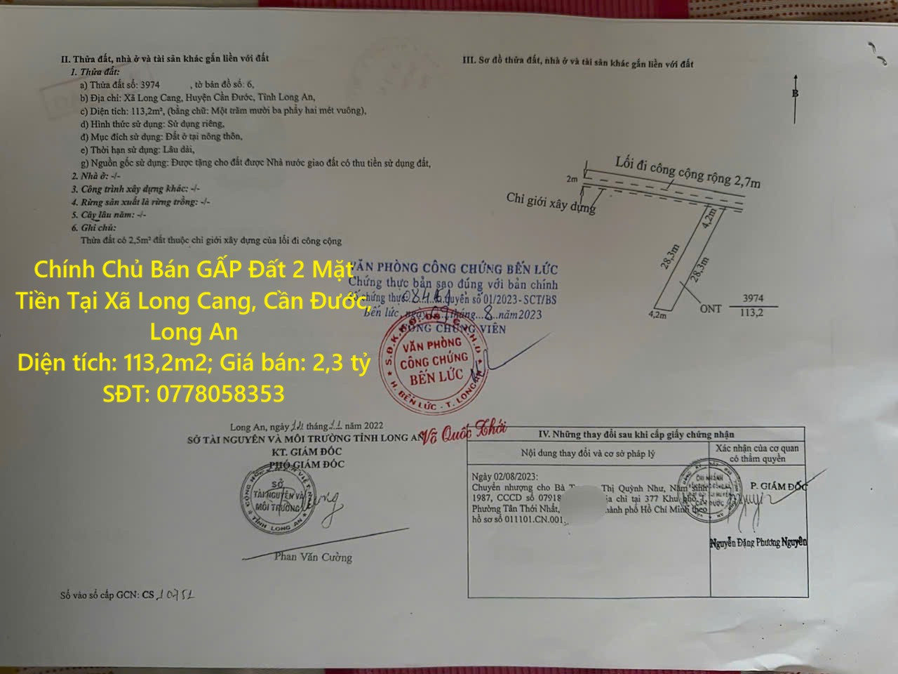 Chính Chủ Bán GẤP Đất 2 Mặt Tiền Tại Xã Long Cang, Cần Đước, Long An