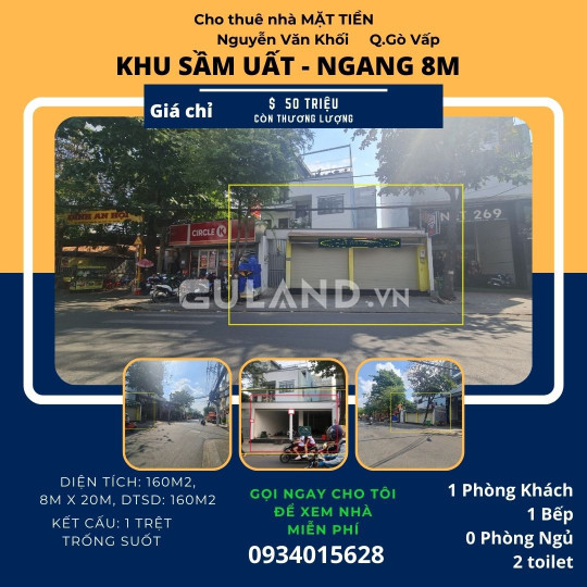 Cho thuê nhà Mặt Tiền Nguyễn Văn Khối, 160m2, 50 triệu, NGANG 8M