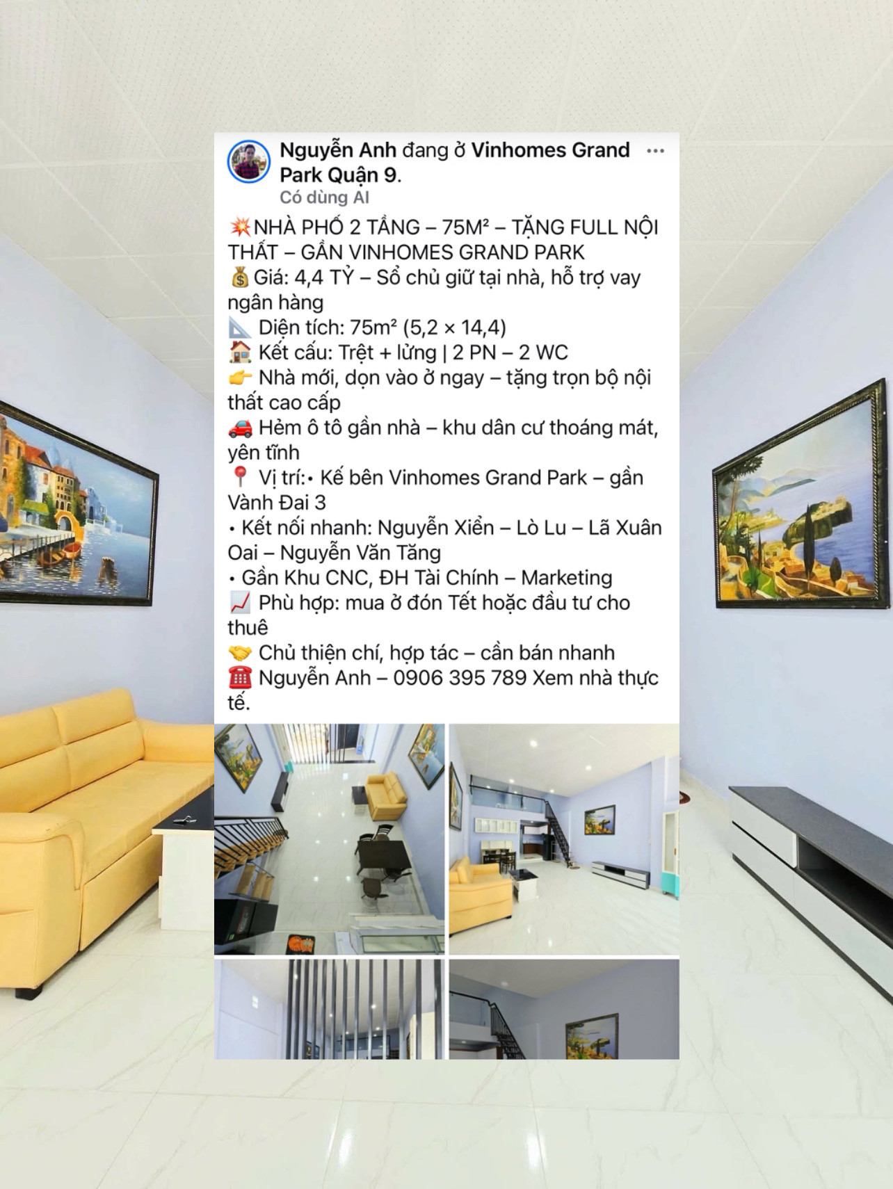 NHÀ PHỐ 2 TẦNG 75M² – TẶNG FULL NỘI THẤT – KẾ VINHOMES GRAND PARK – GIÁ 4,4 TỶ