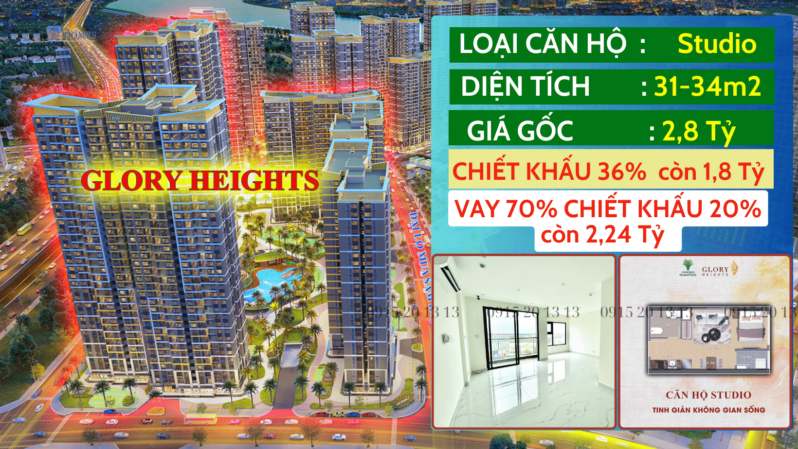 GLORY HEIGHTS CĂN STUDIO 35M2 CÒN 1.8 TỶ, VAY 70% ƯU ĐÃI 24 THÁNG, BÀN GIAO NGAY