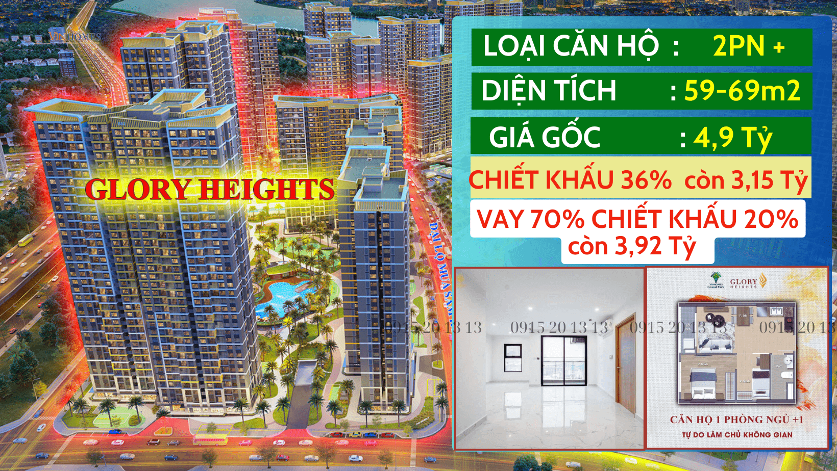 GLORY HEIGHTS CĂN 2PN+1 - 67M2 CÒN 3.15 TỶ, VAY 70% HỖ TRỢ 24 THÁNG, BÀN GIAO 2024