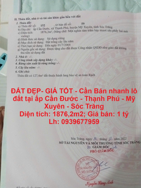 ĐẤT ĐẸP- GIÁ TỐT - Cần Bán nhanh lô đất tại ấp Cần Đước - Thạnh Phú - Mỹ Xuyên - Sóc Trăng