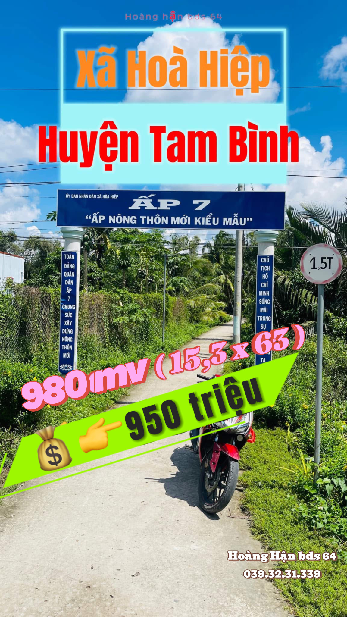 Bán nhà Vườn 980m² ngang 15,3m giá 950 triệu tại Xã Hòa Hiệp Huyện Tam Bình