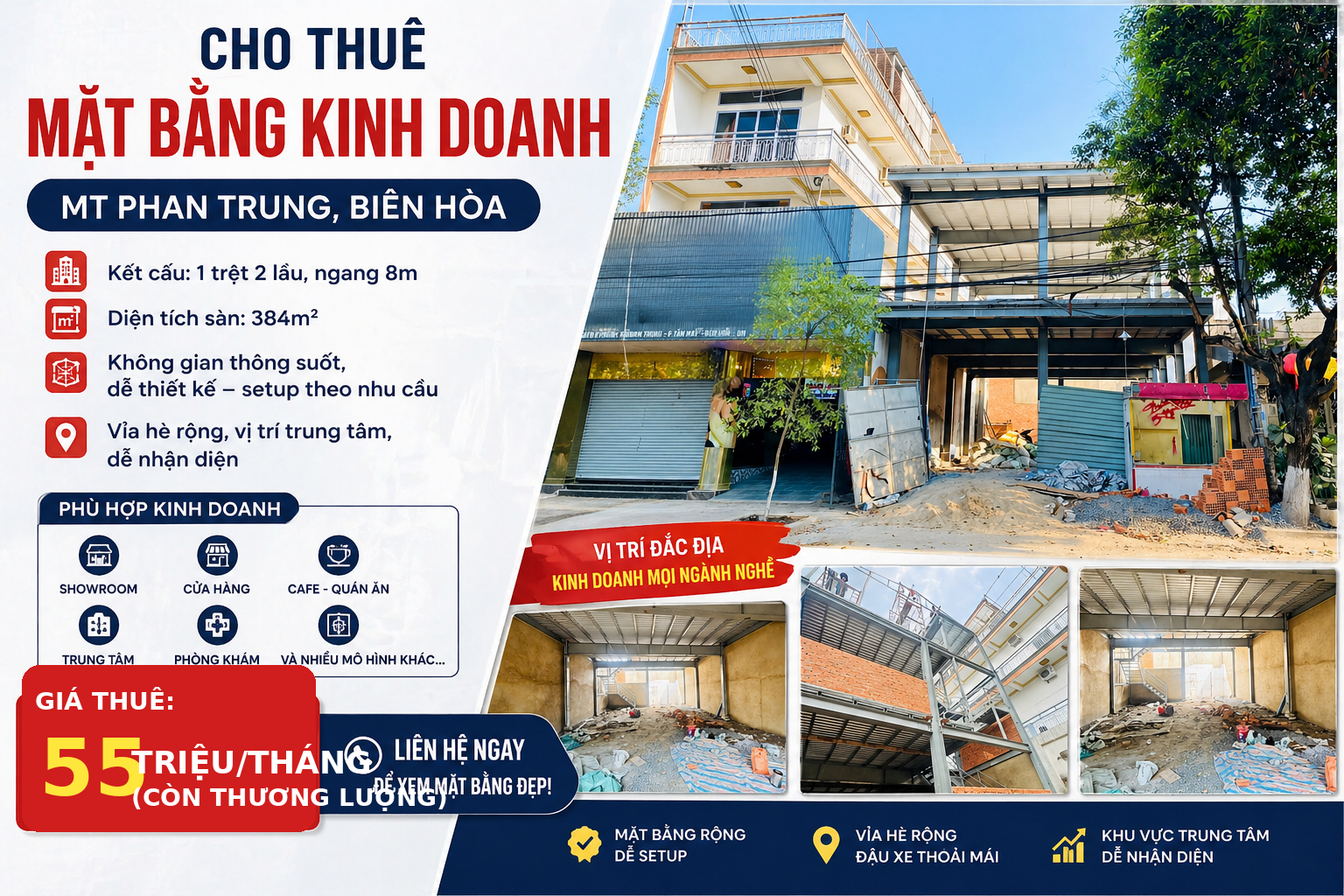 Cho Thuê Mặt Bằng Kinh Doanh Mặt Tiền Phan Trung, Biên Hòa – Diện Tích 384m², Vị Trí Đẹp