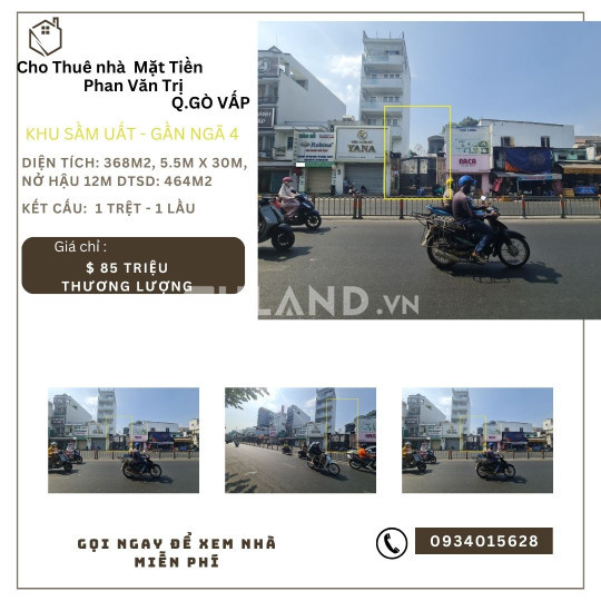 Cho thuê nhà Mặt Tiền Phan Văn Trị 368m2, Ngang 12M, GẦN NGÃ