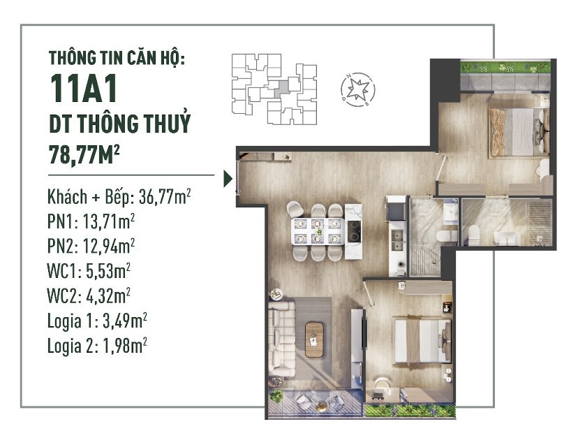 Căn hộ 2PN - Mã 11A1 - Dự án The Fibonan