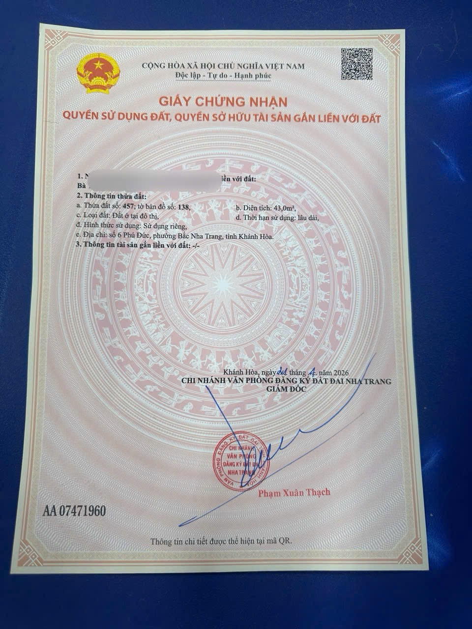 BÁN LÔ ĐẤT MẶT TIỀN ĐƯỜNG PHÚ ĐỨC , P BẮC NHA TRANG . DT 43m2 , FULL ODT . 2 PHÚT RA TỚI BIỂN . GIÁ 4,2 TỶ