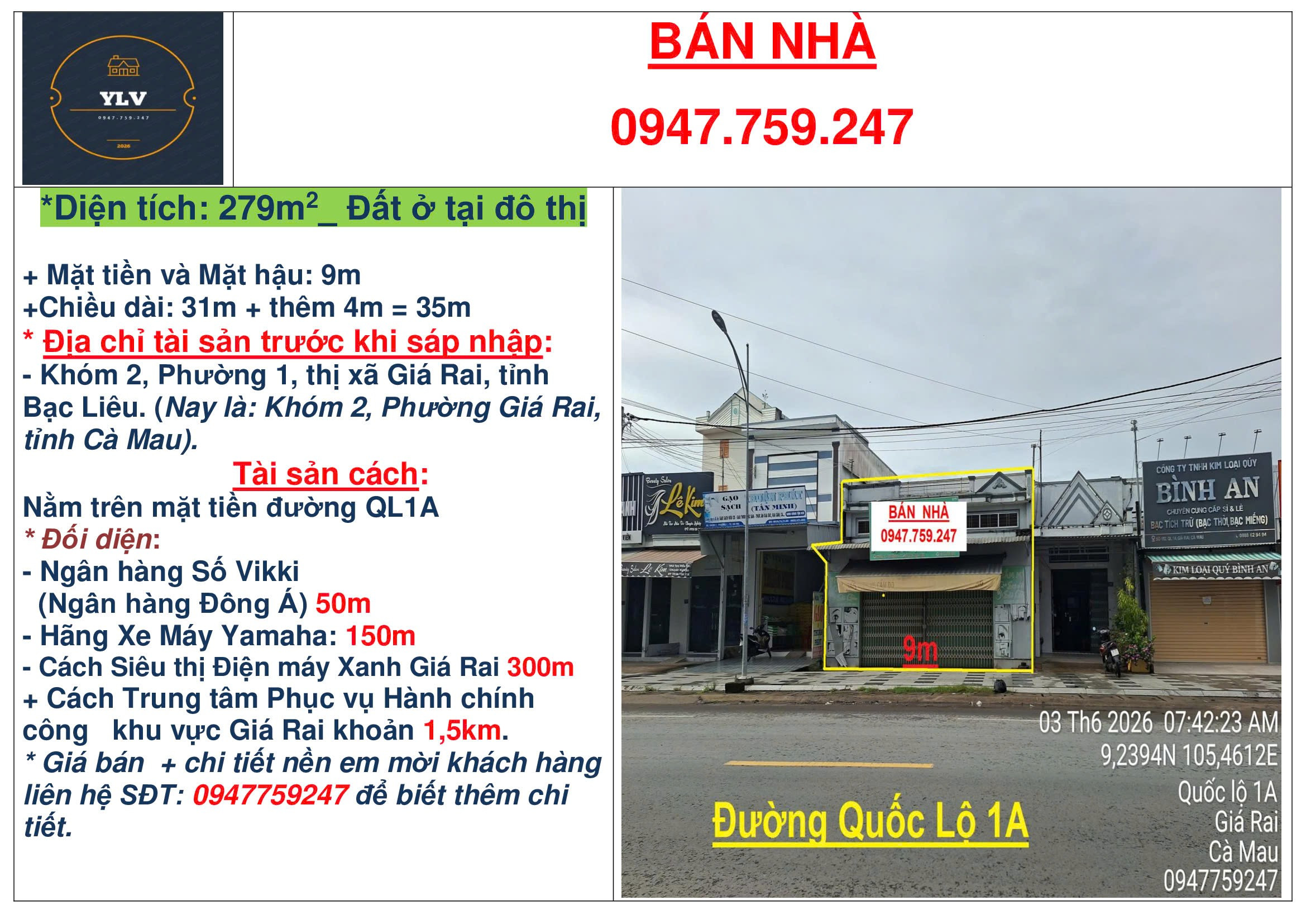 Bán Đất 279m² thổ cư 279m² giá 8.7 tỷ tại Đường Quốc Lộ 1 Phường 1 Thị xã Giá Rai Bạc Liêu
