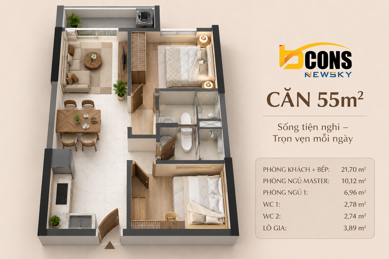 DUY NHẤT 1 CĂN HỘ 2PN-2WC GIÁ 2 TỶ 7, BCONS NEWSKY mặt tiền quốc lộ 13 gần cầu Phú Long. quý 2/2028