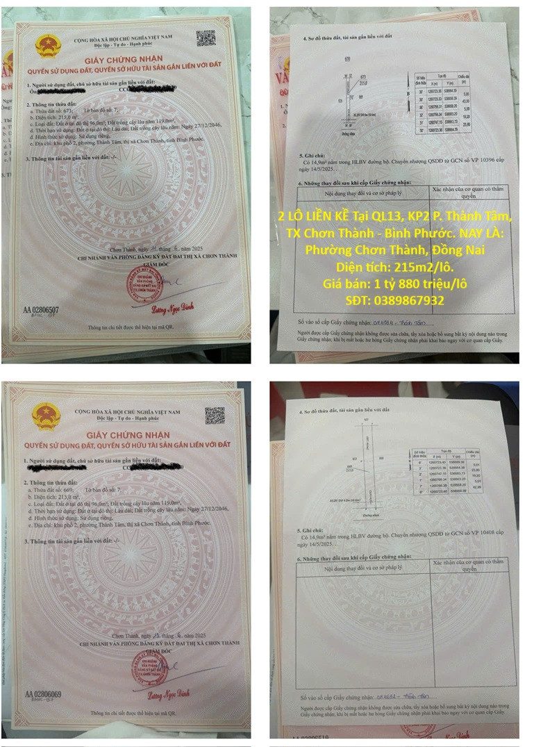BÁN ĐẤT NỀN CHÍNH CHỦ - 2 LÔ LIỀN KỀ Tại QL13, KP2 P. Thành Tâm, TX Chơn Thành - Bình Phước