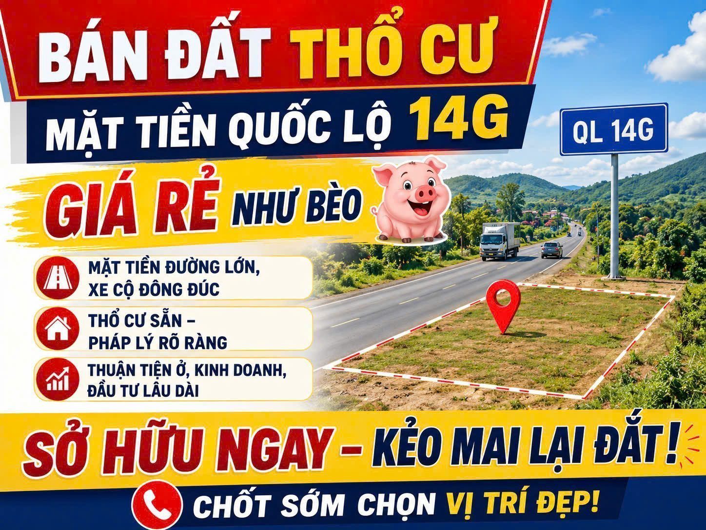 Bán nhanh lô góc 3 mặt tiền đường nhựa Hòa Phú - Quốc lộ 14G giá rẻ chỉ từ với 1ty490