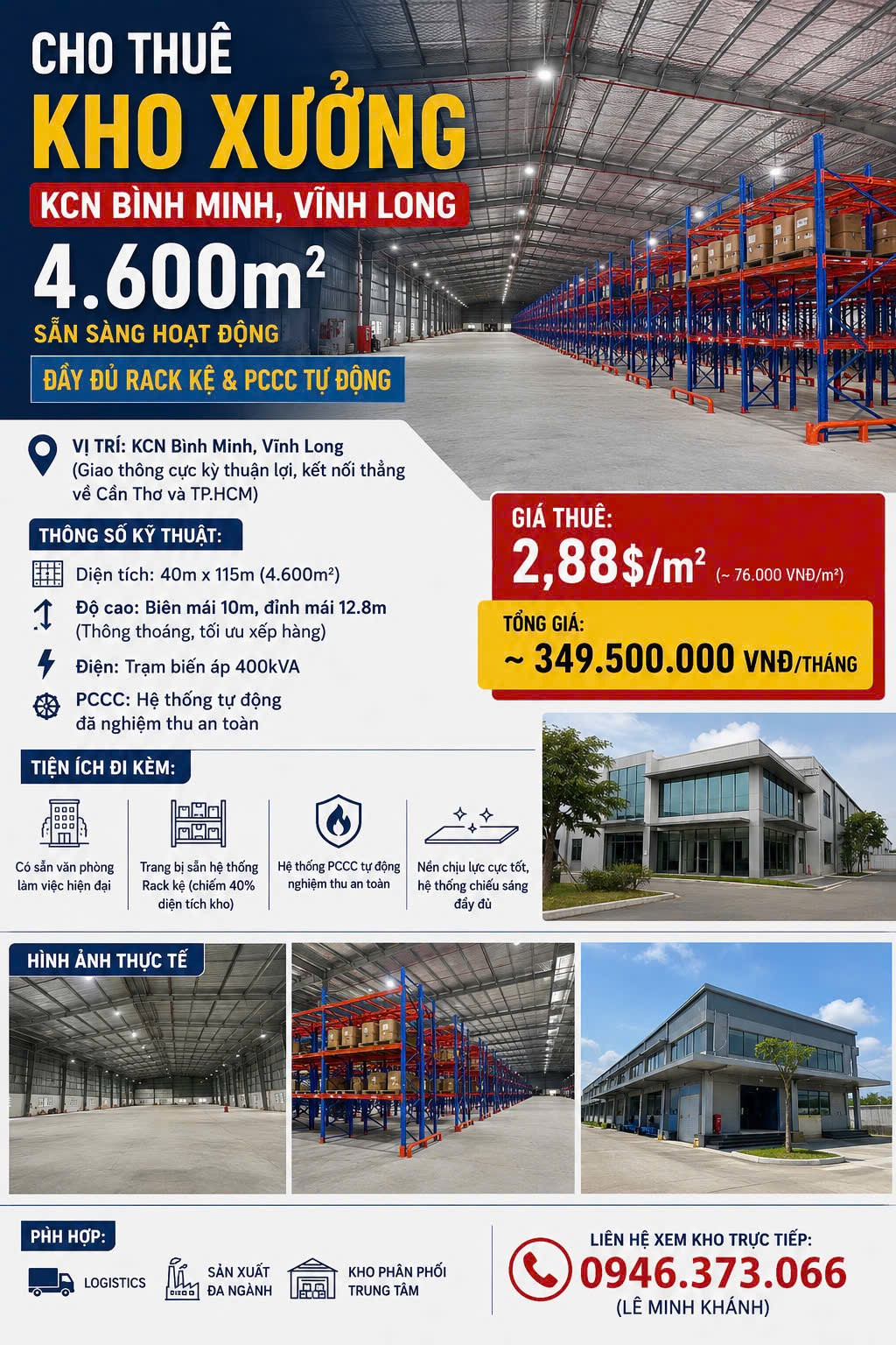 KHO KCN BÌNH MINH VĨNH LONG 4.600M²: SẴN HỆ THỐNG KỆ RACK – PCCC TỰ ĐỘNG – ĐIỆN 400KVA