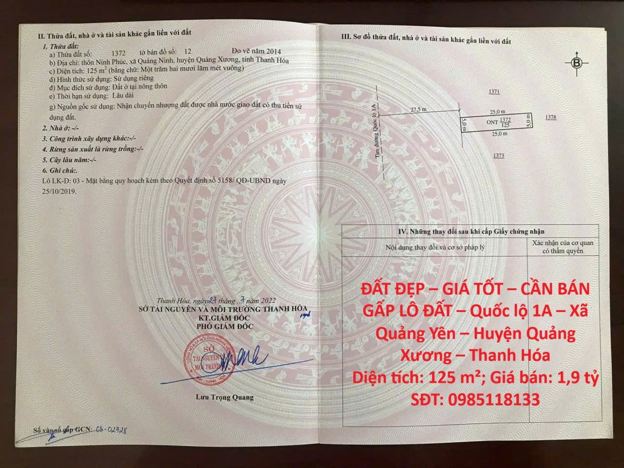 ĐẤT ĐẸP – GIÁ TỐT – CẦN BÁN GẤP LÔ ĐẤT – Quốc lộ 1A – Xã Quảng Yên – Huyện Quảng Xương – Thanh Hóa