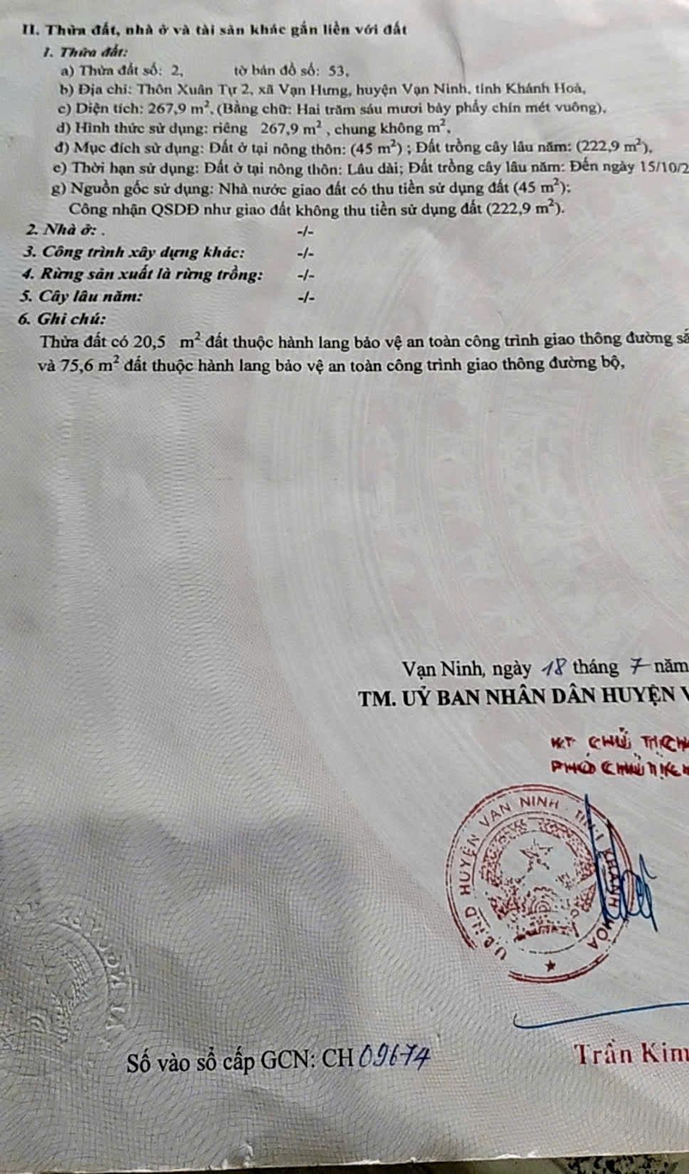 BÁN LÔ MT QUỐC LỘ 1A - THÔN XUÂN TỰ - VẠN NINH 269.9m2 - Giá 21tr/m2