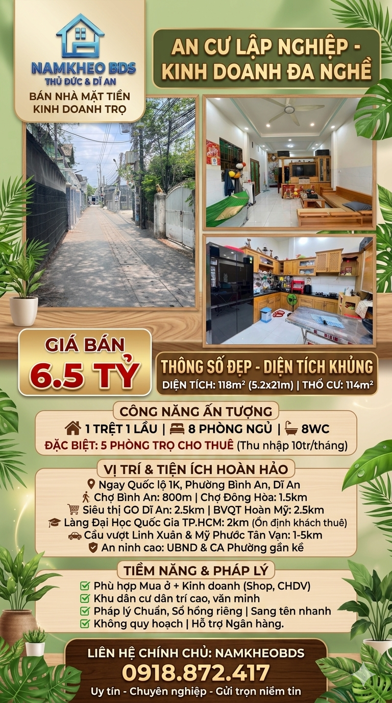 VỪA Ở VỪA TẠO DÒNG TIỀN - GIÁ SỐC - QL1K DĨ AN - 118M2 NGANG 5.2M NỞ HẬU - 1 TRỆT 1 LẦU - 6.5 TỶ