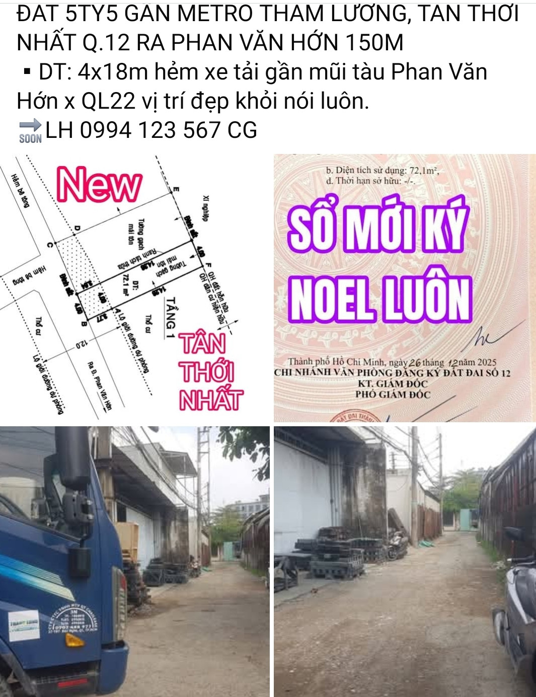 Bán đất thổ cư Q.12 gần Metro Tham Lương 72m² ngang 4x18m giá 5ty45 tl Phường Đông Hưng Thuận ra Phan Văn Hớn 150m