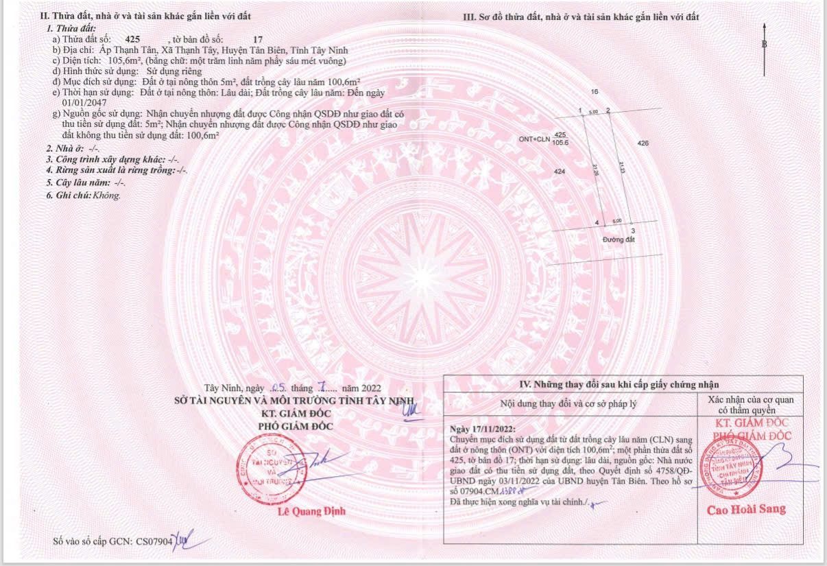 Bán đất 5mx21.12m, diện tích 105.6m2 full thổ cư tại huyện Tân Biên , Tây Ninh.