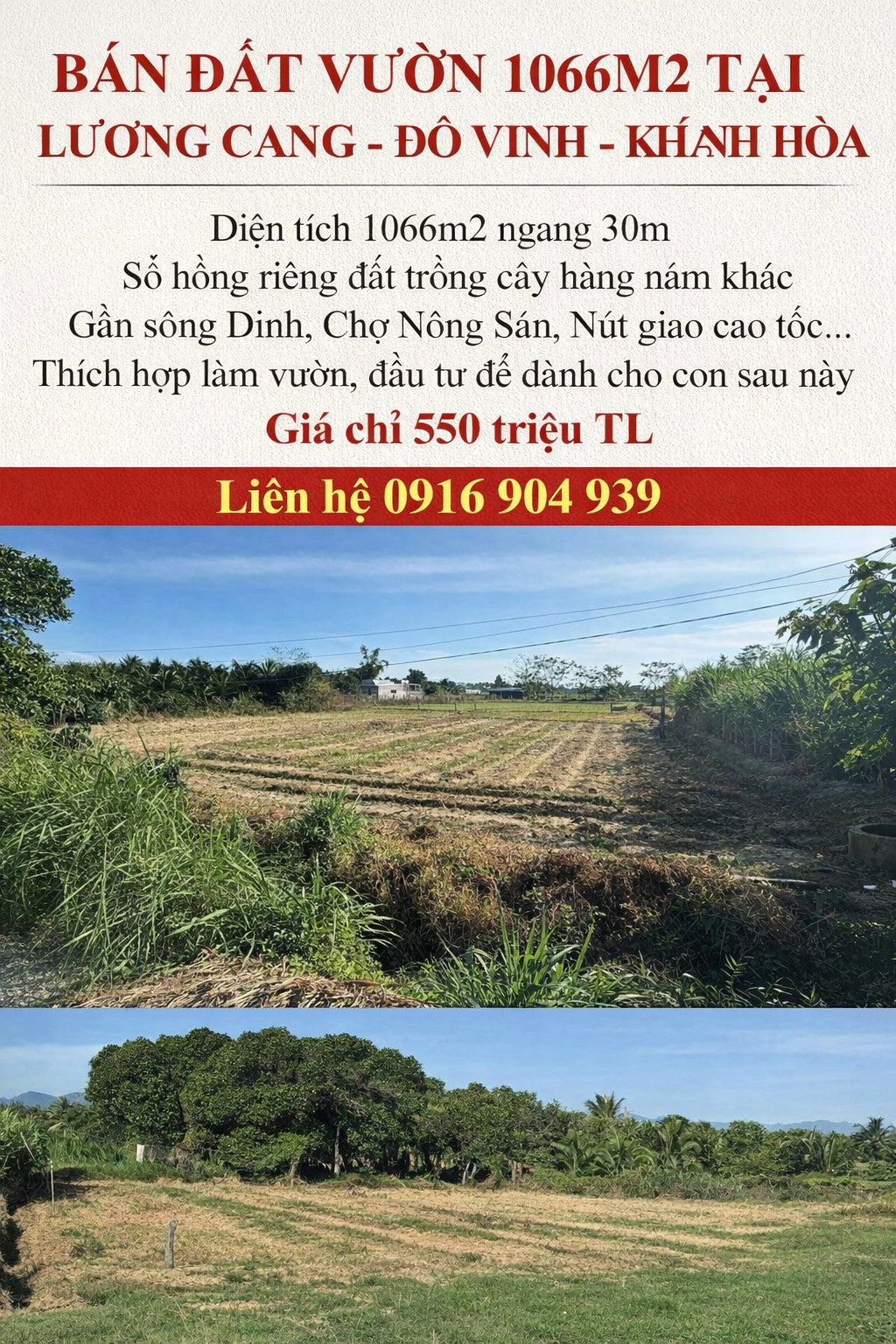 ĐẤT VƯỜN 1066M2 - 550 TRIỆU - ĐÔ VINH- KHÁNH HÒA