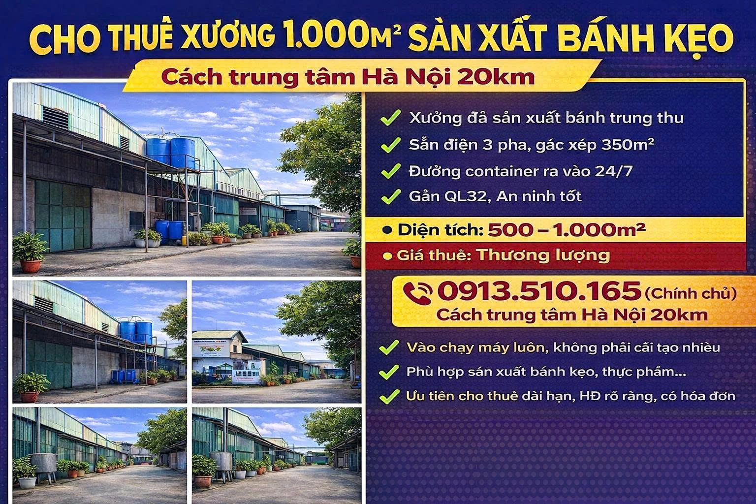 Cho thuê nhà xưởng sản xuất DT 1000m2+ 400m2 Gác Xép trước đây là xưởng sản xuất bánh kẹo