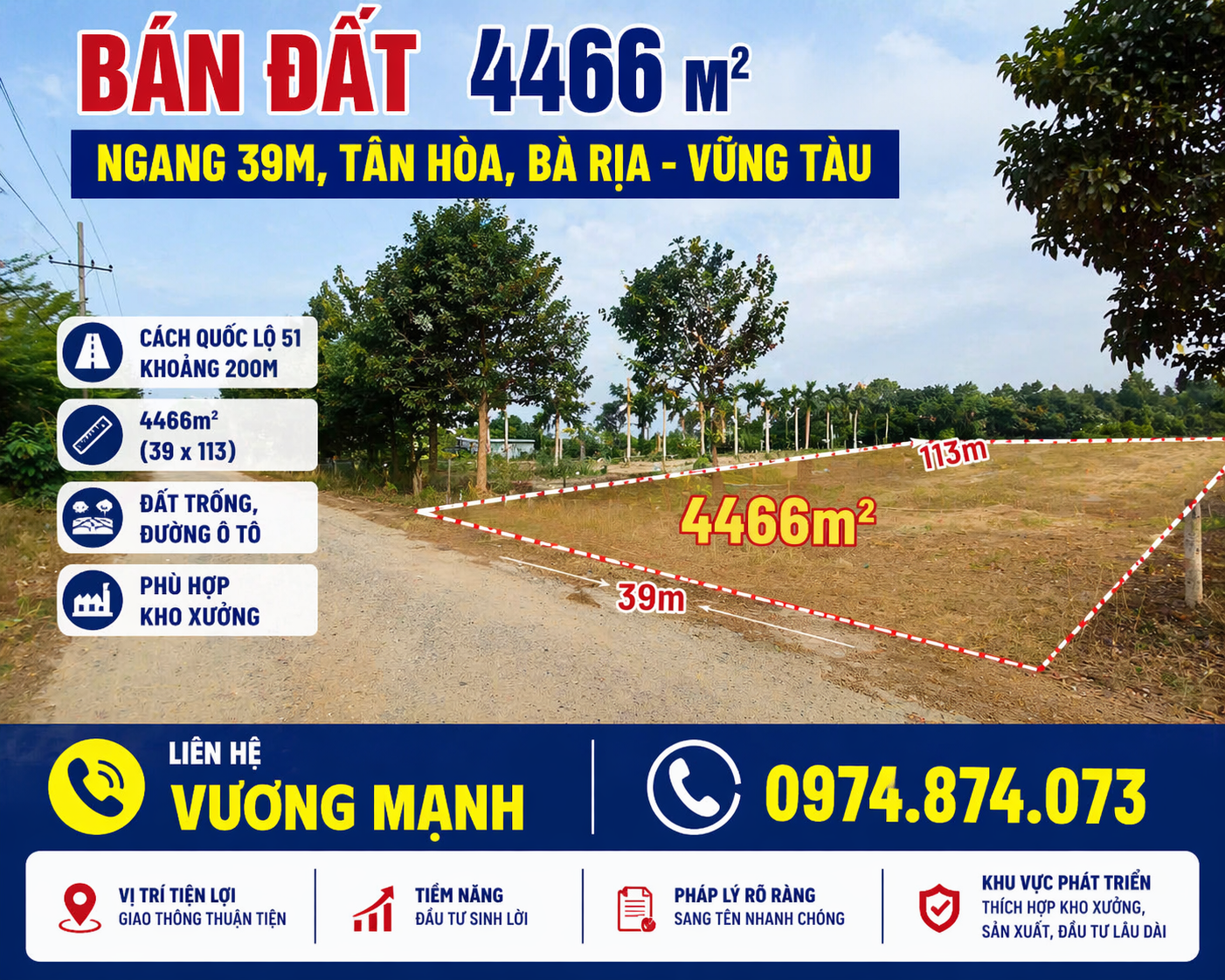 BÁN ĐẤT 4466 M², NGANG 39M, TÂN HÒA, BÀ RỊA - VŨNG TÀU