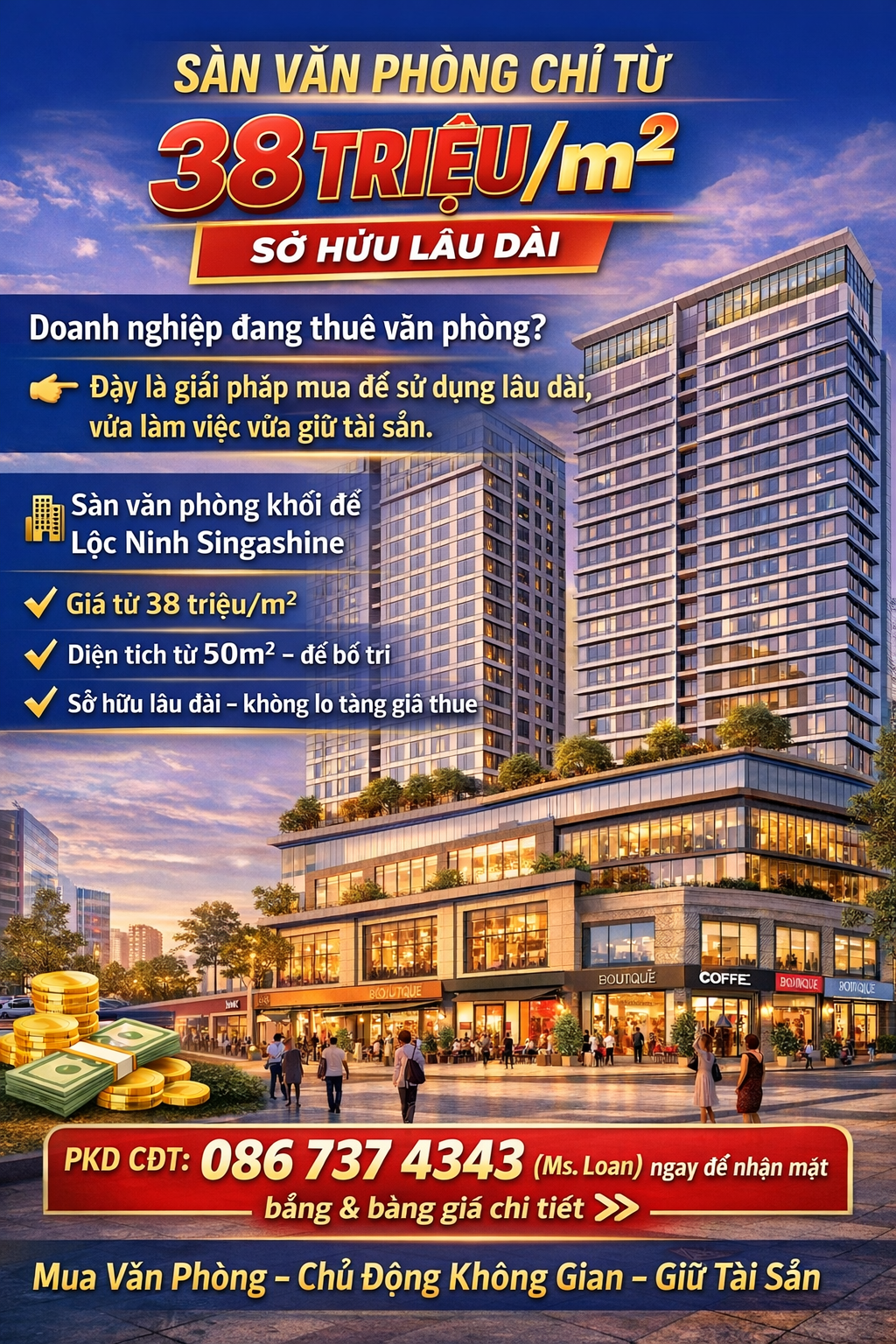 LinhHK bán CĂN GÓC VP 210m², GIÁ CĐT, SỔ LÂU DÀI VAY NH 70% LỘC NINH SINGASHINE