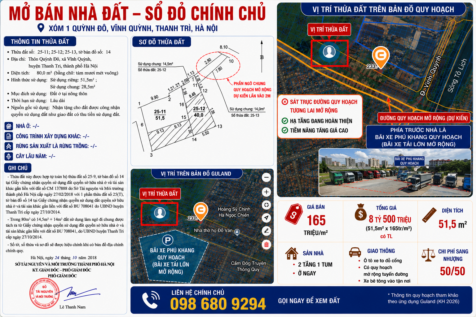 Chính Chủ ,Bán Nhà Đất ,QUỲNH ĐÔ - VĨNH QUỲNH 51,5m ô tô đỗ cổng nhà .8tỷ500