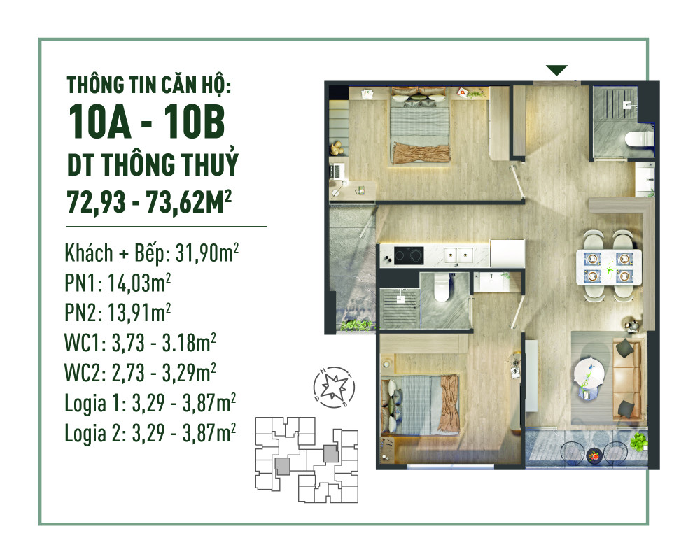 Cần bán Căn hộ 2 Phòng ngủ, hướng Tây Nam, View sân Golf, sông Bắc Hưng Hải - The Fibonan Ecopark