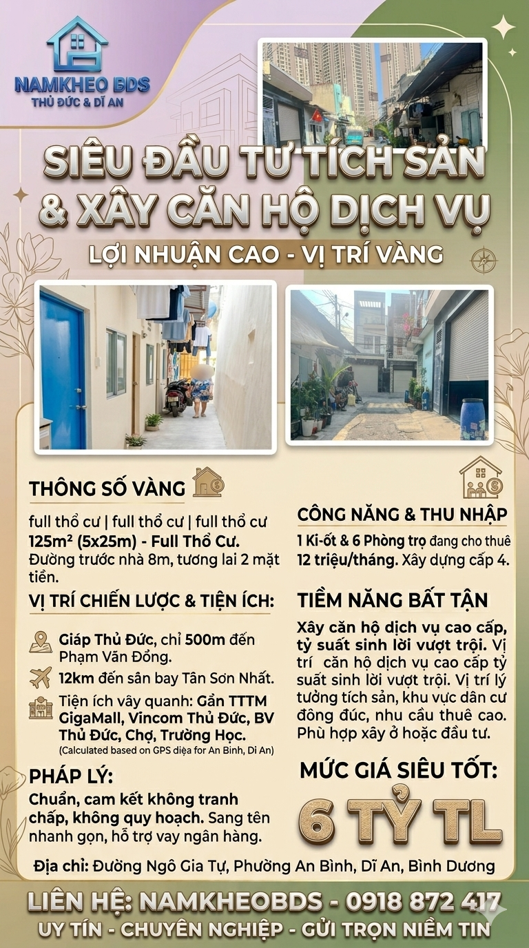 GIÁP THỦ ĐỨC-ĐẦU TƯ CĂN HỘ DỊCH VỤ CHO THUÊ-125M2 FULL THỔ - TƯƠNG LAI HAI MẶT TIỀN, GIÁ CHỈ 6 TỶ