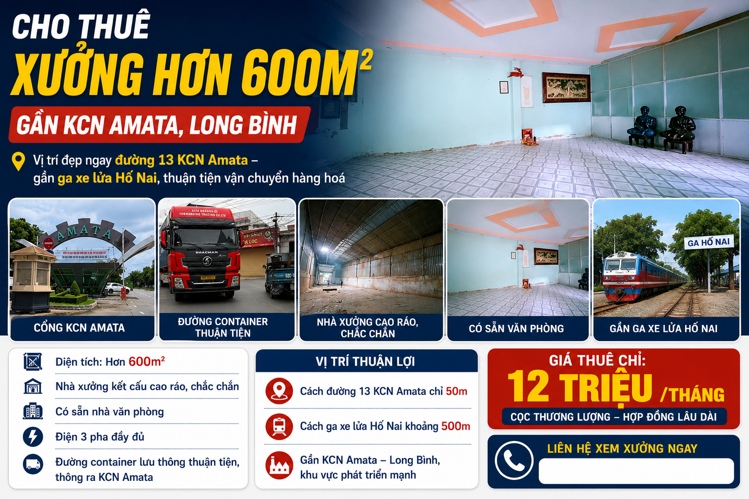 Cho thuê xưởng dt 600m2, gần kcn Amata Long Bình, có 3fa, văn phòng, xe công lưu thông