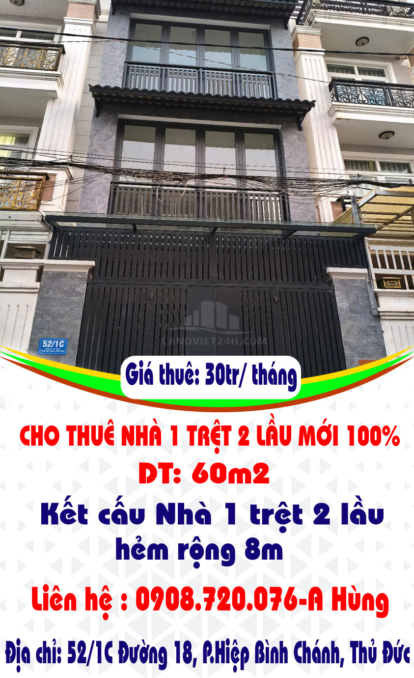 CHO THUÊ NHÀ 1 TRỆT 2 LẦU MỚI 100%, 60M2 ,5PN, HẺM RỘNG 8M- Đ,SỐ 18, P.HIỆP BÌNH CHÁNH, THỦ ĐỨC