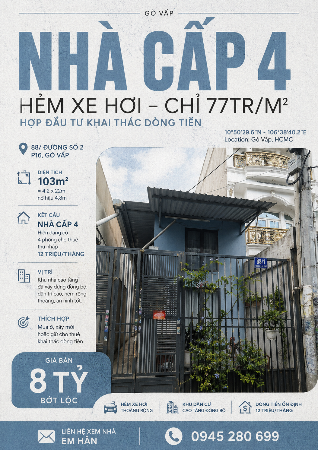 BÁN GẤP CHDV HXH 5M 88 ĐS 2 P16 4,2X22 CN 103M2 GẦN CHỢ XÓM MỚI, NHÀ C4 ĐCT 12TR/T GIÁ CHỈ 8 TỶ TL