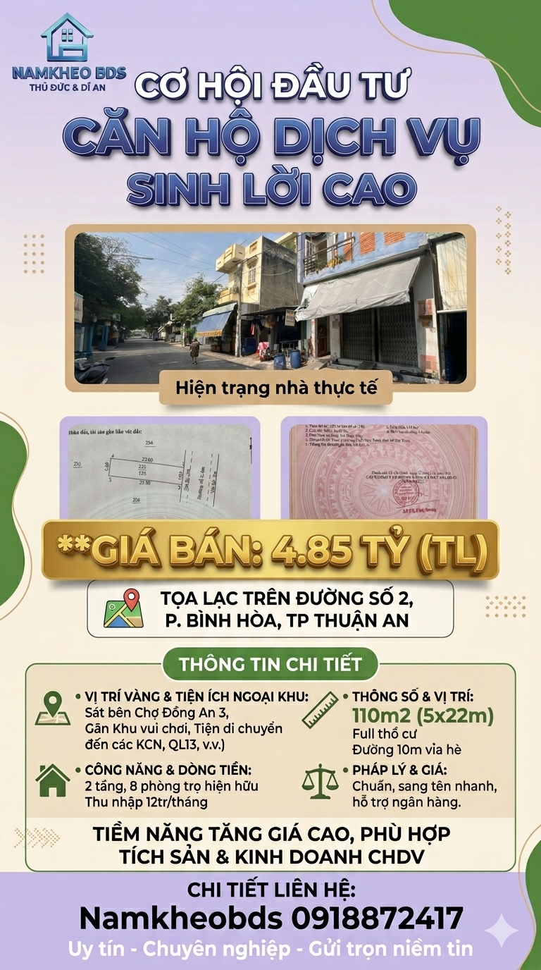 THÔNG SỐ VÀNG 5X22M MẶT ĐƯỜNG 10M - BỆ PHÓNG HOÀN HẢO CHO THUÊ CĂN HỘ DỊCH VỤ