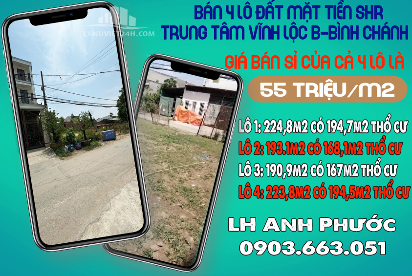 CHÍNH CHỦ BÁN 4 LÔ ĐẤT MẶT TIỀN SHR TRUNG TÂM VĨNH LỘC B-BÌNH CHÁNH