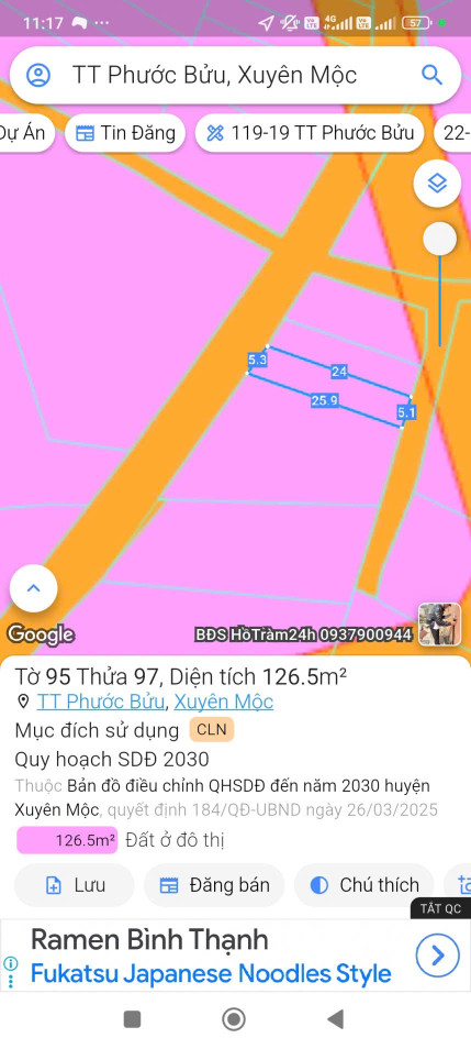Bán đất 126,5m² ngang 5m giá 1.5 tỷ Xã Hồ Tràm Xuyên Mộc